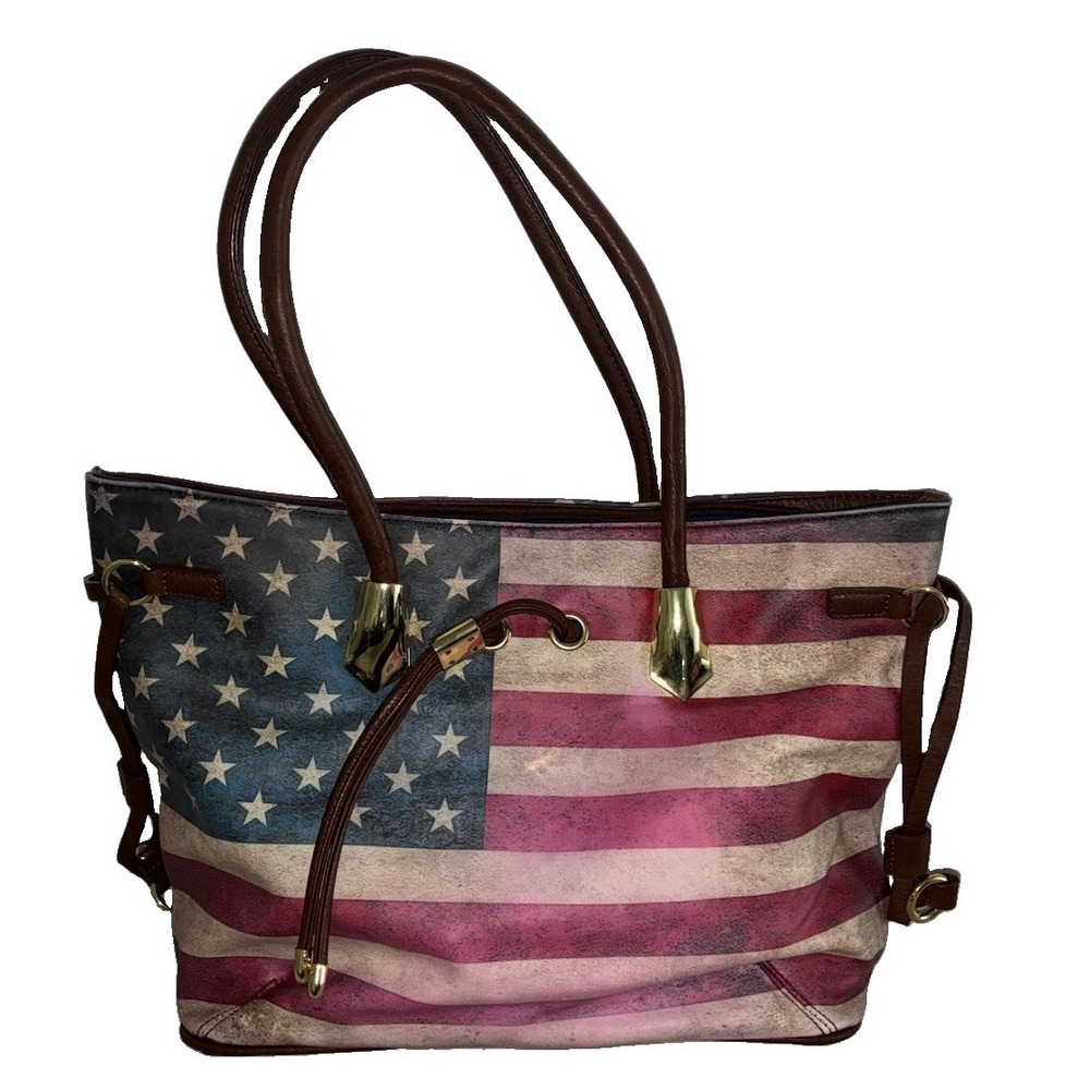 Tote Bag Americana USA Flag Oversized Patriotic Brown Vegan Leather 14x11x7"